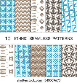 Seamless Ethnic Pattern Set. Ten Tribal Tiled Ornaments. Vector.