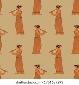 Nahtlose ethnische Muster mit Silhouetten von antikem griechischem Mädchen, das Flöte spielt. Vase Malstil.