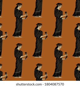 Seamless ethnic pattern with silhouettes of ancient Greek women. Vase painting style.