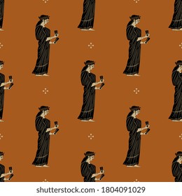 Seamless ethnic pattern with silhouettes of ancient Greek women. Vase painting style.