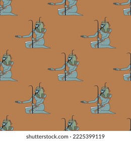 Seamless ethnic pattern with silhouettes of ancient Egyptian Nile god Hapi. On orange background.