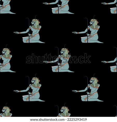 Seamless ethnic pattern with silhouettes of ancient Egyptian Nile god Hapi. On black background.