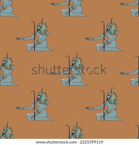 Seamless ethnic pattern with silhouettes of ancient Egyptian Nile god Hapi. On orange background.