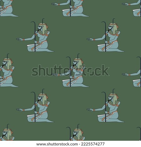 Seamless ethnic pattern with silhouettes of ancient Egyptian Nile god Hapi. On green background.
