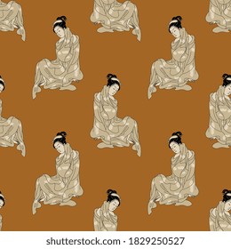 Seamless ethnic pattern with sitting Japanese women in kimono.