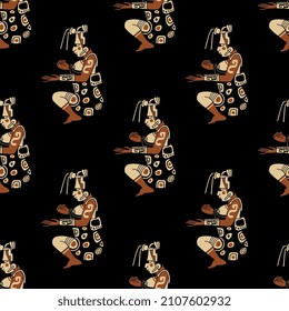 Seamless ethnic pattern with sitting Mayan character. Native American art of Maya Indians. Mexico or Guatemala. On black background.