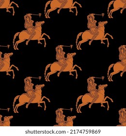 Seamless ethnic pattern with Skythian amazon women riding horses. Ancient Greek vase painting style. Orange silhouettes on black background.