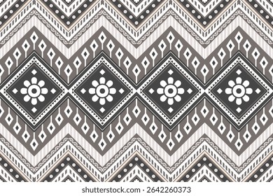 A seamless ethnic pattern with Southeast Asian modern tribal motifs in taupe, gray, and white tones. Traditional tribal geometric design. Ideal for textiles, packaging, and modern boho decor.