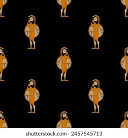 Seamless ethnic pattern with standing ancient Greek warriors with shields and helmets. Vase painting style. On black background.