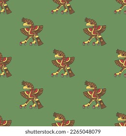 Seamless ethnic pattern with standing or dancing eagle birds with open wings. Native American animal design of Aztec Indians from Mexican codex. On green background.