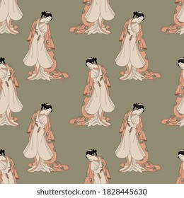 Seamless ethnic pattern with standing Japanese women in kimono. Traditional retro style.