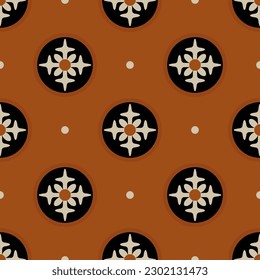 Seamless ethnic pattern with stylized cross shape flowers in circles. Ancient Greek pottery design. On red background.