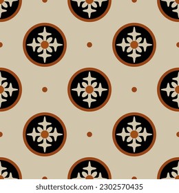 Seamless ethnic pattern with stylized cross shape flowers in circles. Ancient Greek pottery design. On beige background.