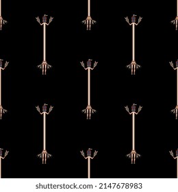 Seamless ethnic pattern with stylized human figures. Navajo sand painting. Native American art. Indigenous spirit or goddess. On black background.