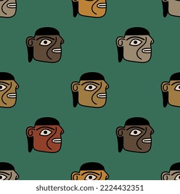 Seamless ethnic pattern with stylized human heads. Ancient Peruvian folk design from Tiahuanaco or Tiwanaku. Indigenous Native American art. On green background.