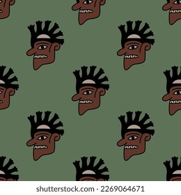 Nahtloses ethnisches Muster mit stylisierten menschlichen Köpfen. Indigene Nazca-Design aus dem antiken Peru. Auf grünem Hintergrund.