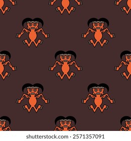 Seamless ethnic pattern with stylized human figurines. Print with Indian men. Indigenous Native American design from ancient Peru. Recuay culture. 