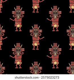 Seamless ethnic pattern with stylized human figurines from Paracas. Indigenous ethnic Native American design from ancient Peru. On black background.