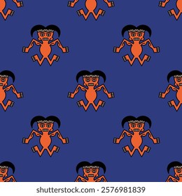 Seamless ethnic pattern with stylized human figurines. Print with Indian men. Indigenous Native American design from ancient Peru. Recuay culture. 