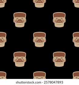 Seamless ethnic pattern with stylized human heads. Native American design of Moche Indians of ancient Peru. On black background.