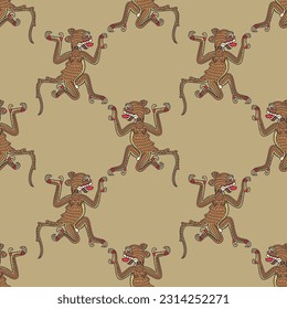 Seamless ethnic pattern with stylized jaguars. Native American art of Aztec Indians. From Mexican codex. On light background.