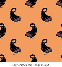 Seamless ethnic pattern with stylized swan birds. Ancient Greek animal design. Vase painting style. Black and red silhouettes on orange background.