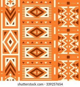 Seamless Ethnic Pattern for Textile Design. Stylish Tribal Background. Bright Vector Tribal Texture with Triangles, Rhombuses and Lines in Vertical Stripes.