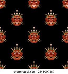 Seamless ethnic pattern with Tibetan Buddhist masks. Guardian deity Jamsaran or Begtse wearing crown of human skulls. Cham performance character. On black background.