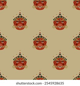 Seamless ethnic pattern with Tibetan Buddhist masks. Guardian deity Jamsaran or Begtse wearing crown of human skulls. Cham performance character.