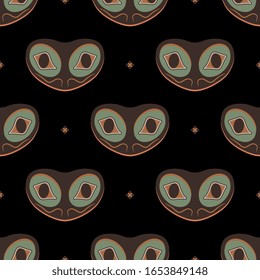 Seamless ethnic pattern with Tlingit masks. Native American Indian art. Stylized frog face.