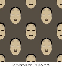 Seamless ethnic pattern with traditional Japanese masks of Noh theatre. Stylized human faces. On gray background.