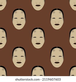 Seamless ethnic pattern with traditional Japanese masks of Noh theatre. Stylized human faces. On brown background.