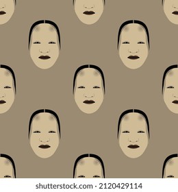 Seamless ethnic pattern with traditional Japanese masks. Noh theatre. Stylized human faces. On gray background.