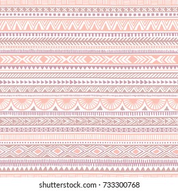 Patrón étnico sin remedio. Motivos tribales y aztecos. Impresión vintage a rayas. Color rosa, violeta y blanco. Impresión de tendencia para textiles. Ilustración vectorial.