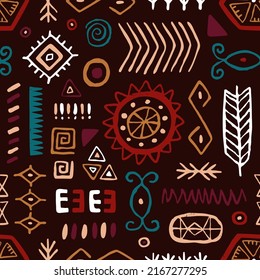 Seamless ethnic pattern with tribal folk elements, symbols. Abstract background with ancient Mexican repeating print. Endless texture design for textile, fabric. Colored graphic vector illustration