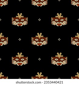 Seamless ethnic pattern with tribal masks. Ornament of ancient Peru with stylized face. Native American art of Nazca Indians. On black background.