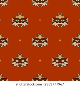 Seamless ethnic pattern with tribal masks. Ornament of ancient Peru with stylized face. Native American art of Nazca Indians. On red background.