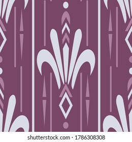 Seamless ethnic pattern, wallpaper texture, elegant background pattern. Sample template. Purple and white colors. For fabrics, covers, posters, interior design or wallpaper. Vector background image