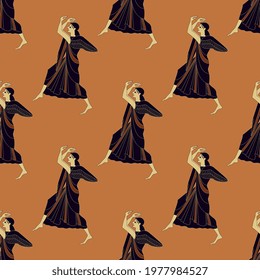 Seamless ethnic pattern with winged ancient Greek goddesses Nike. Vase painting style. 