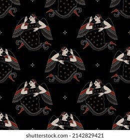 Seamless ethnic pattern with winged ancient Greek goddesses. Vase painting style. On black background.