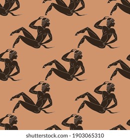 Seamless ethnic pattern with young ancient Greek satyrs. Vase painting style.