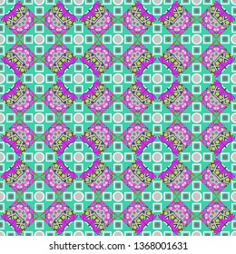 Seamless ethnic patterns in blue, gray and green colors. Vector repeated oriental motif for textile, fabric or paper design.