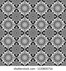 Seamless ethnic patterns for border in black, white and gray colors. Vector repeated oriental motif for fabric or paper design.
