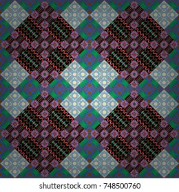 Seamless ethnic patterns for border in black, blue and green colors. Vector repeated oriental motif for fabric or paper design.