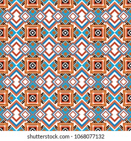 Seamless ethnic patterns for border in blue, white and orange colors. Vector repeated oriental motif for fabric or paper design.