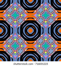 Seamless ethnic patterns for border in blue, black and orange colors. Vector repeated oriental motif for fabric or paper design.