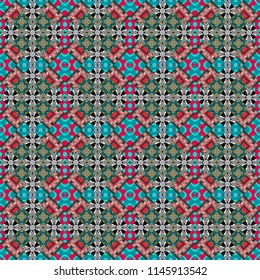 Seamless ethnic patterns for border in gray, green and blue colors. Vector repeated oriental motif for fabric or paper design.