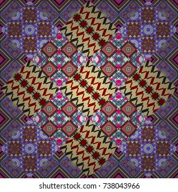 Seamless ethnic patterns for border in gray, blue and beige colors. Vector repeated oriental motif for fabric or paper design.