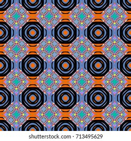 Seamless ethnic patterns for border in orange, blue and black colors. Vector repeated oriental motif for fabric or paper design.