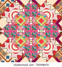 Seamless ethnic patterns for border in pink, brown and beige colors. Vector repeated oriental motif for fabric or paper design.